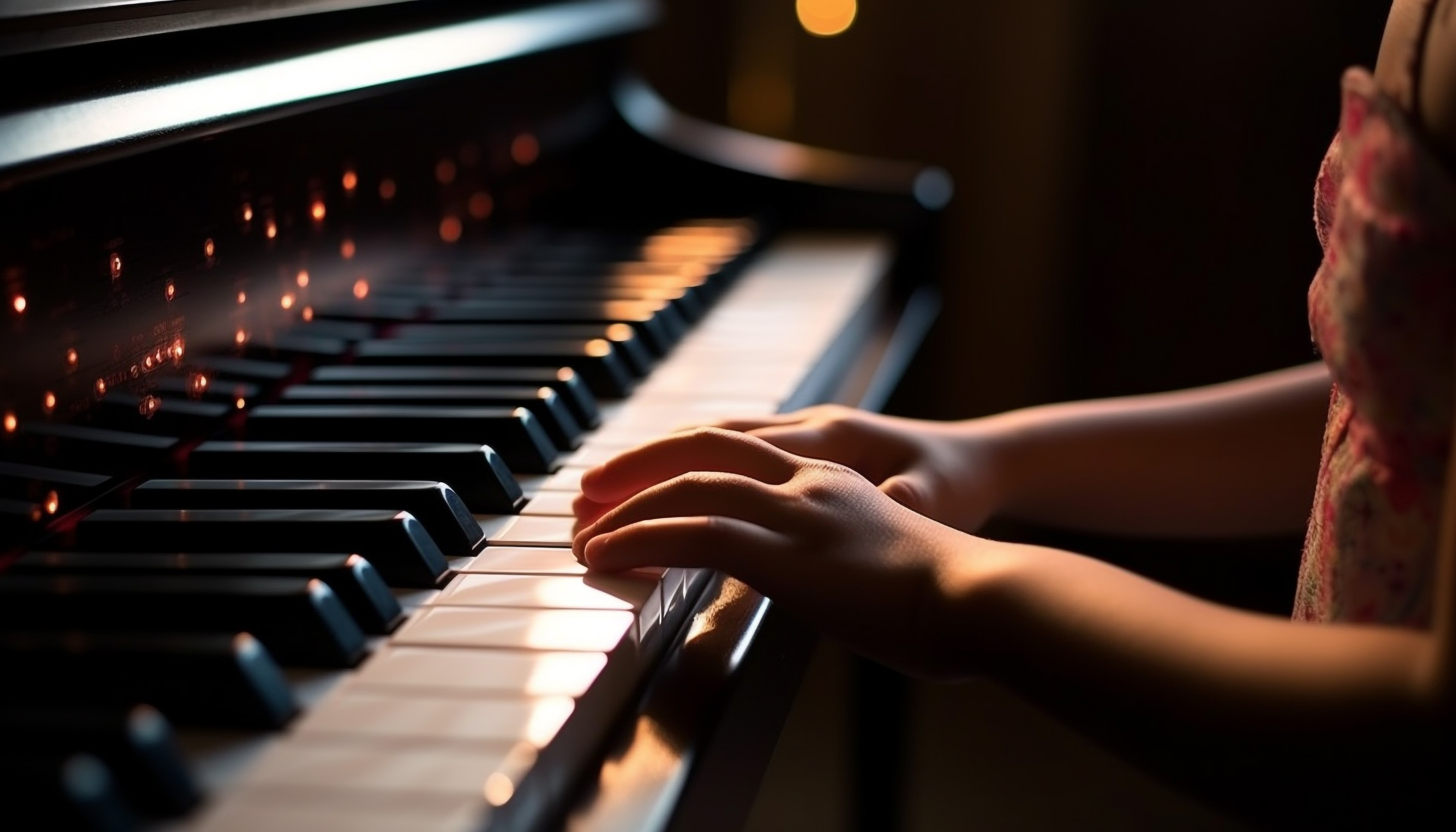 Kinderpianist UBT spielt Klavier mit durch KI generierten Akkordfähigkeiten aus nächster Nähe