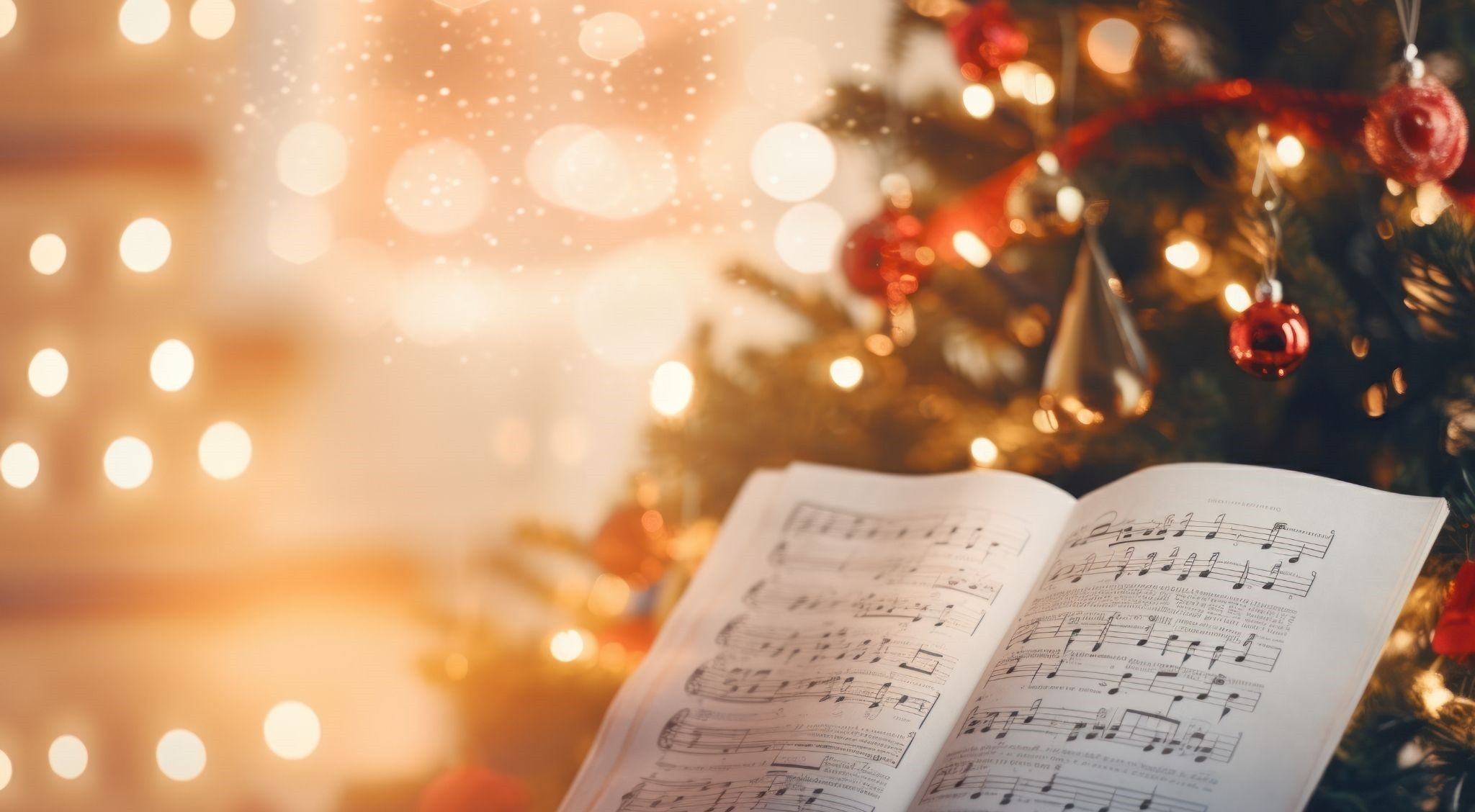 Notenbuch vor festlich geschmücktem Weihnachtsbaum – stimmungsvolle Szene für den Artikel Weihnachtszauber