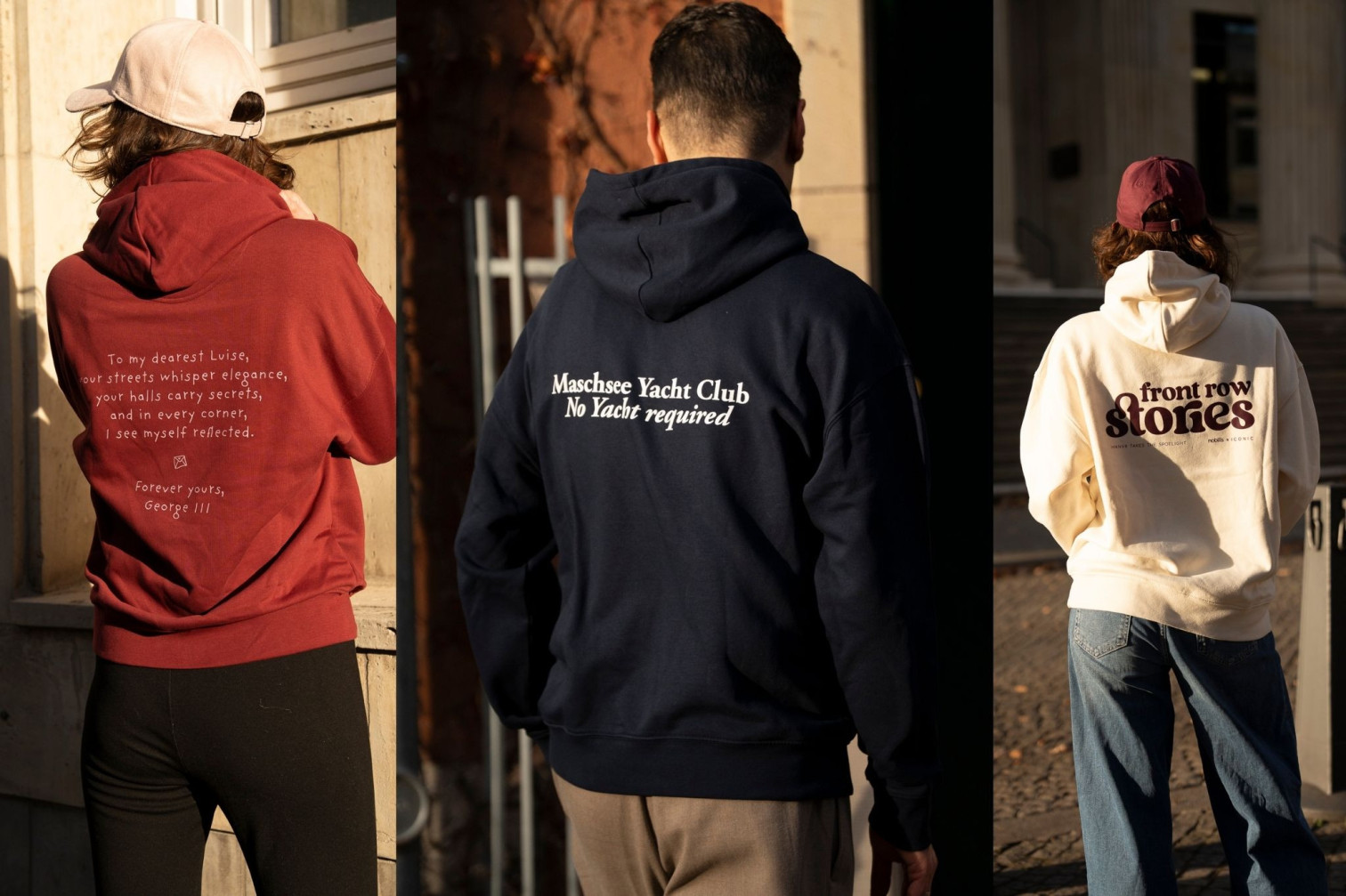 Drei Personen tragen Hoodies der Marke Iconix, darunter ein dunkelblauer Hoodie mit dem Aufdruck 'Maschsee Yacht Club No Yacht required', aufgenommen für Nobilis als Aufmacherbild.