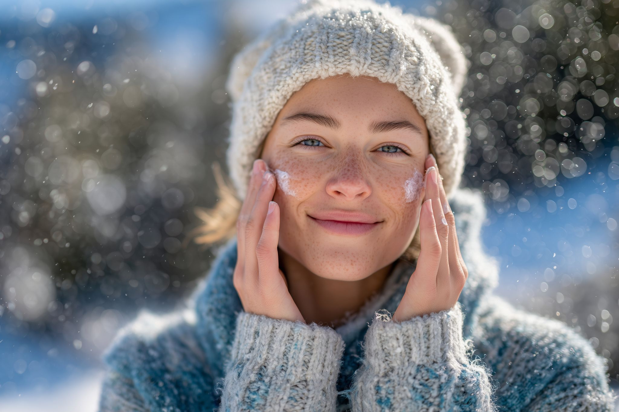 Winterbeauty: Frau mit warmer Strickmütze und Pullover im verschneiten Winterwald