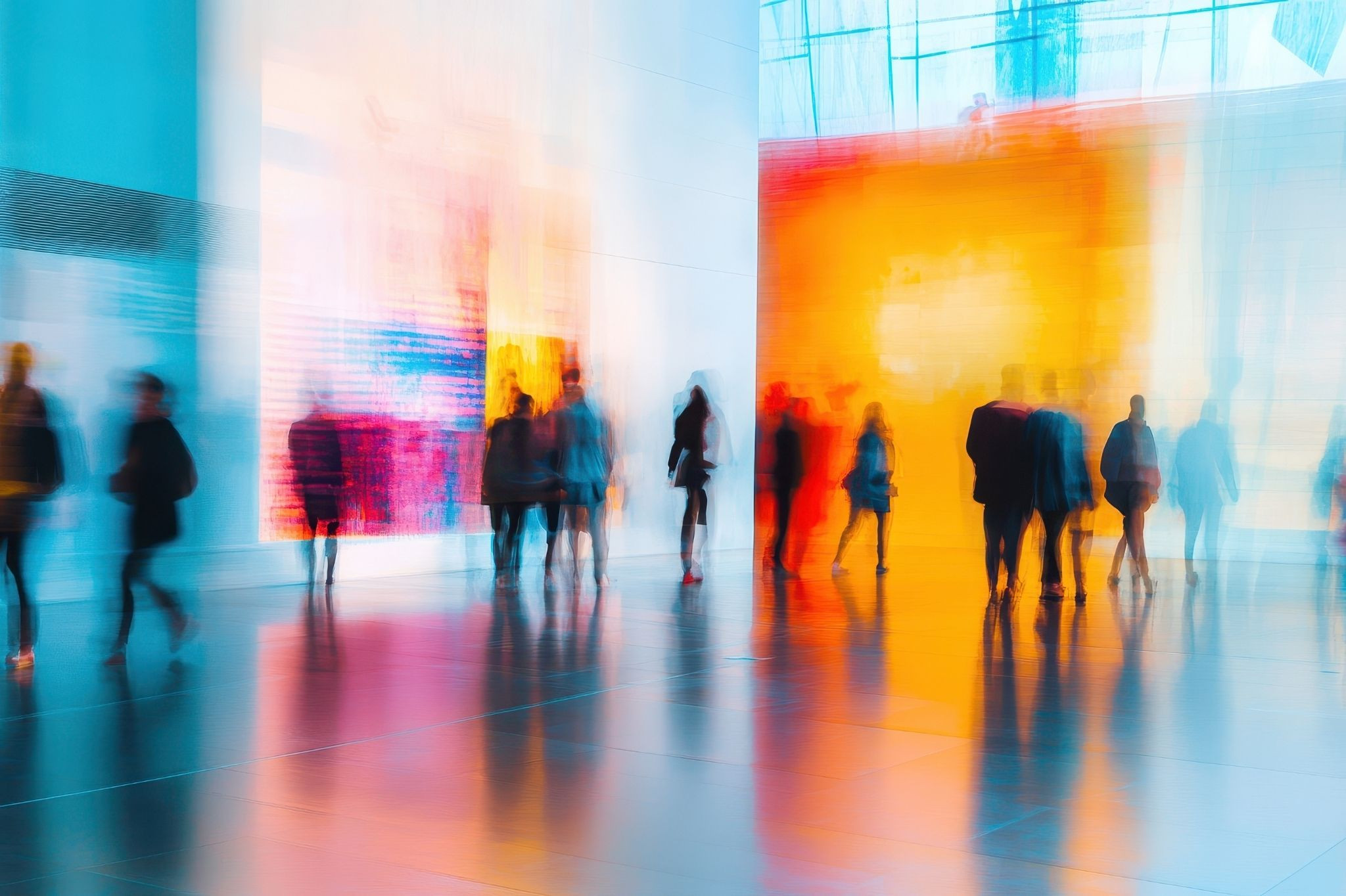 Kulturelle Vitamindosis – Menschen betrachten bunte, abstrakte Kunstwerke in einer modernen Galerie
