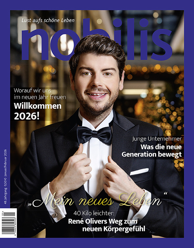 nobilis Magazin Titelbild Januar/Februar 2026 mit elegant gekleidetem Mann im Smoking und Text 'Willkommen 2026!'