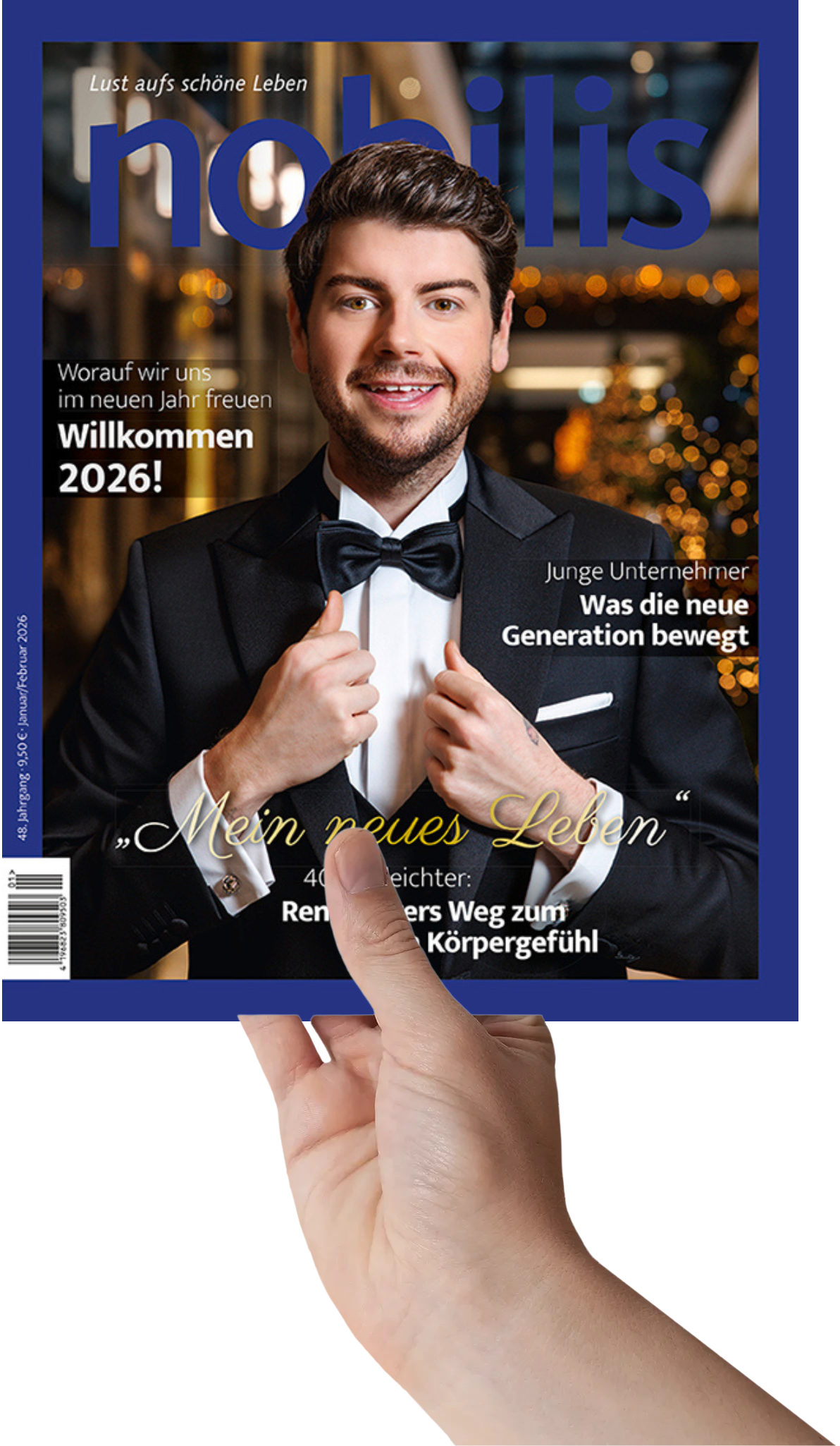 Titelblatt der Zeitschrift nobilis 01/2026 in einer Hand, elegant gekleideter Mann mit Fliege, Begrüßung des neuen Jahres 2026
