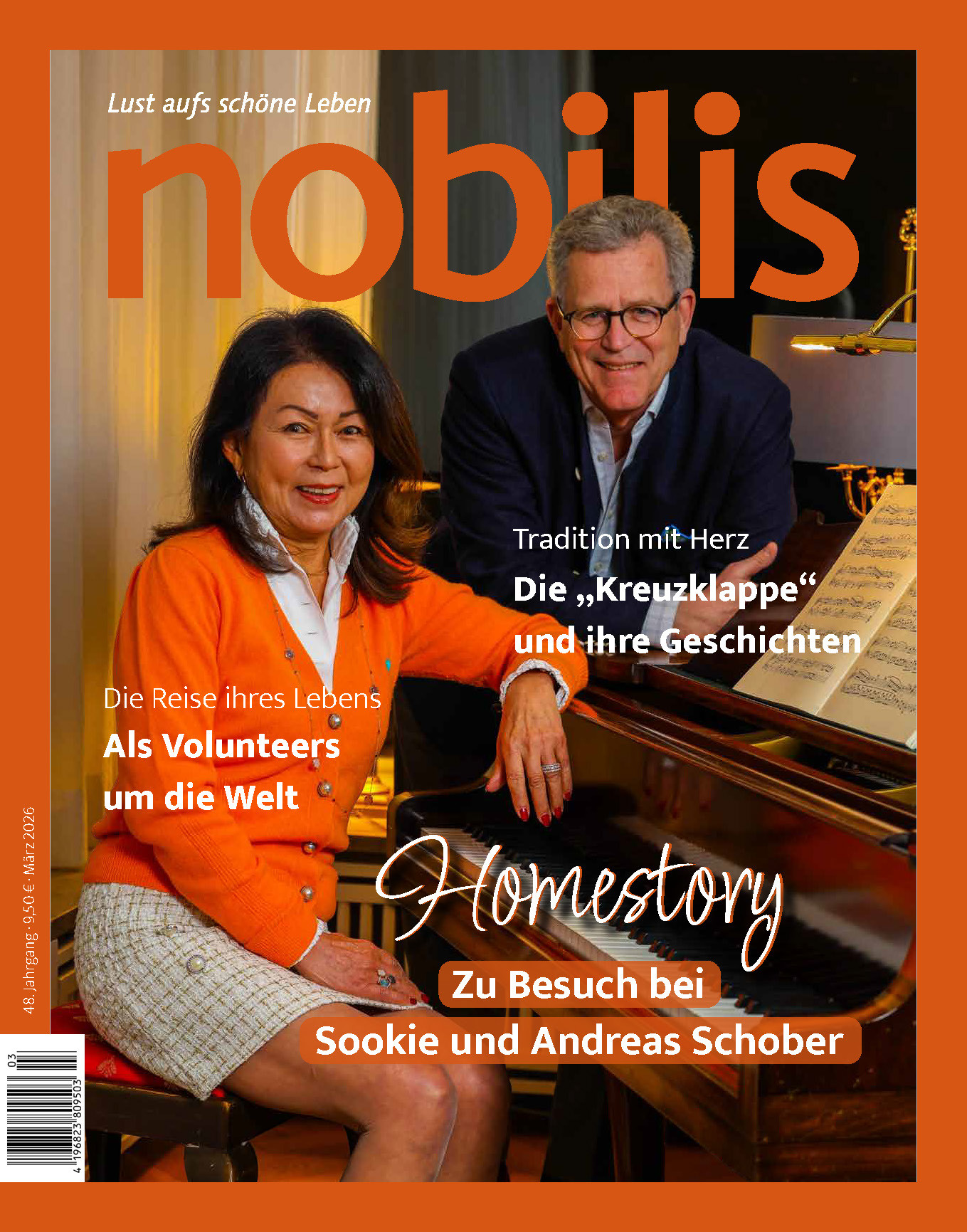 nobilis Magazin Titelbild Ausgabe 02/2026 mit Sookie und Andreas Schober bei der Homestory am Klavier
