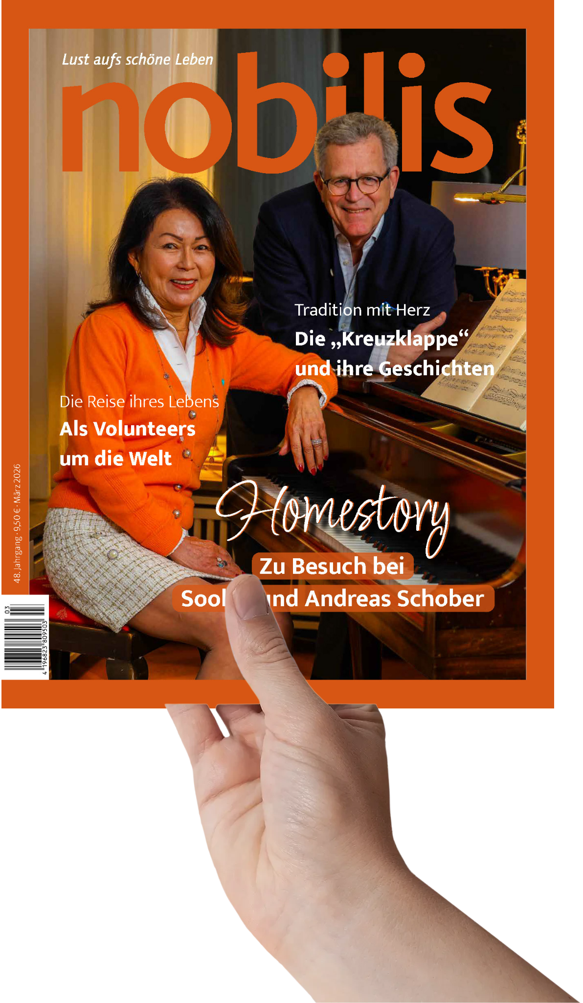 Titelseite der Zeitschrift nobilis 02/2026 mit Homestory zu Sool und Andreas Schober, gehalten in einer Hand