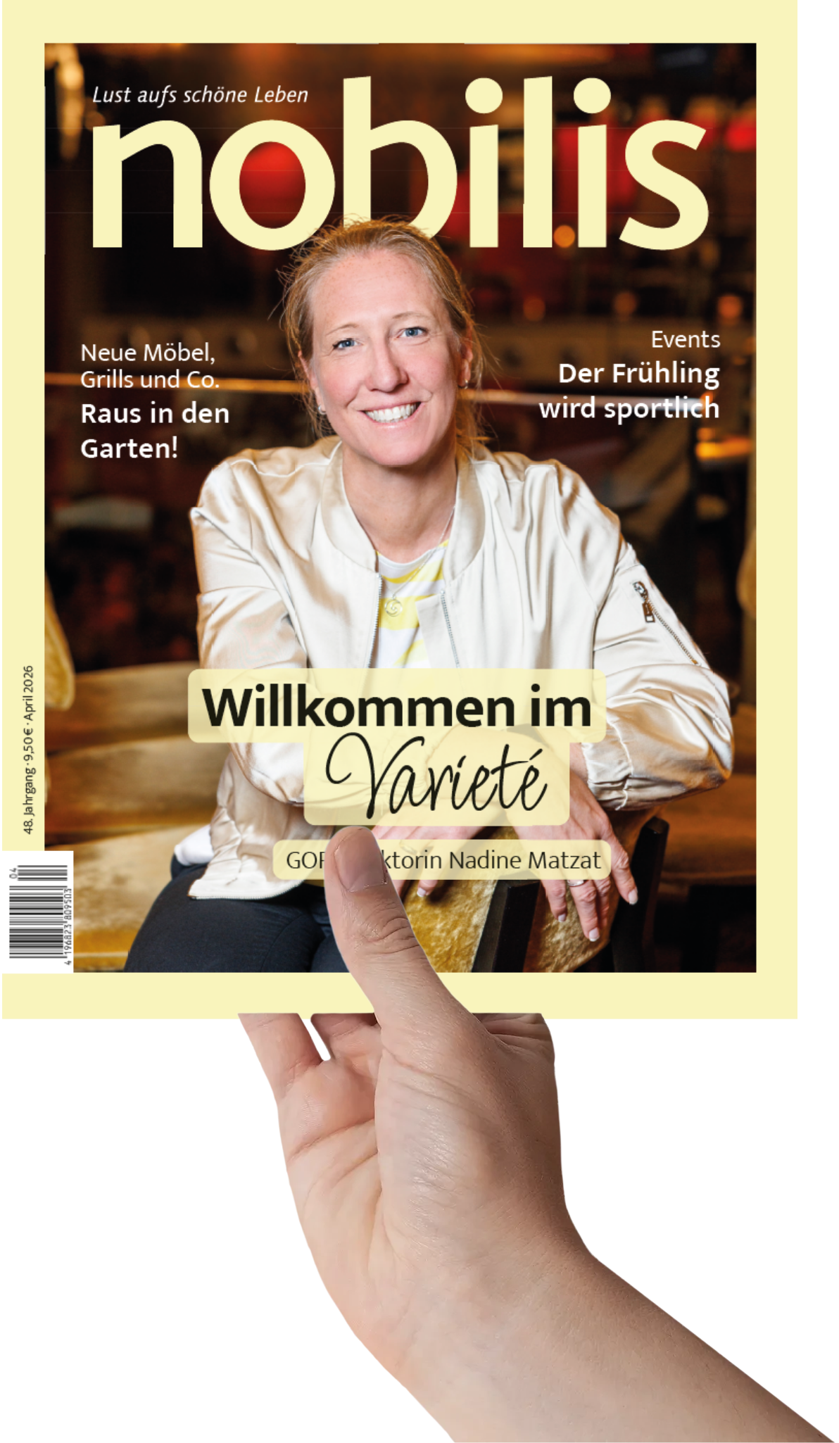 nobilis Magazin Ausgabe 03/2026 in der Hand gehalten, Titelthema Willkommen im Varieté mit GOP-Direktorin Nadine Matzat