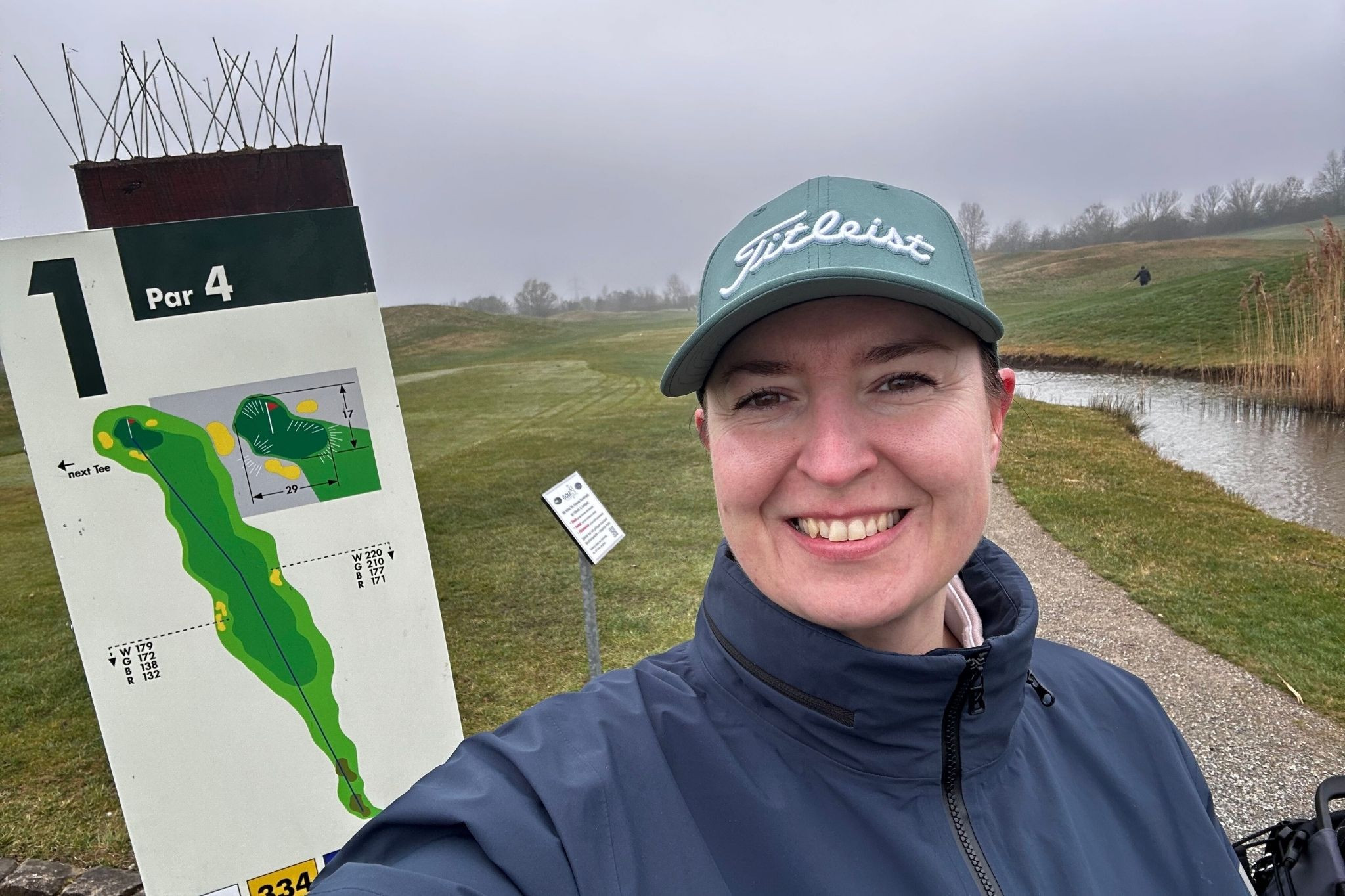 Grasgeflüster Aufmacher: Person auf Golfplatz mit Übersichtstafel bei bewölktem Wetter