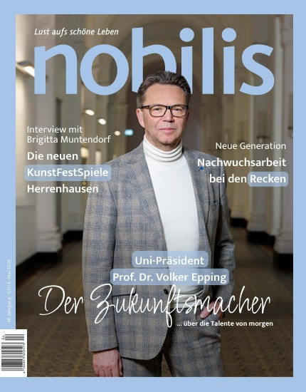 nobilis Cover April 2026 mit Uni-Präsident Prof. Dr. Volker Epping, Themen KunstFestSpiele Herrenhausen und Nachwuchsarbeit bei den Recken