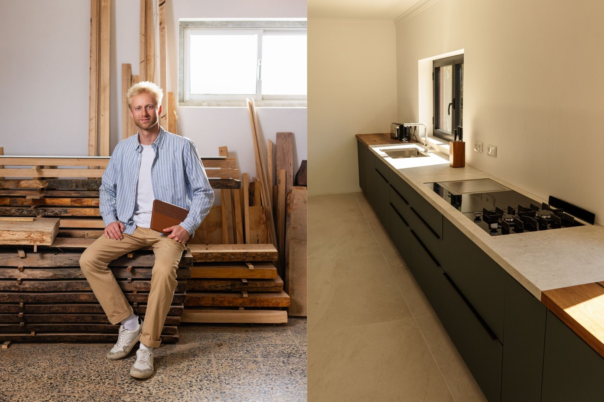 Richard Helmrich in einer Werkstatt und moderne Kcchenzeile aus Holz
