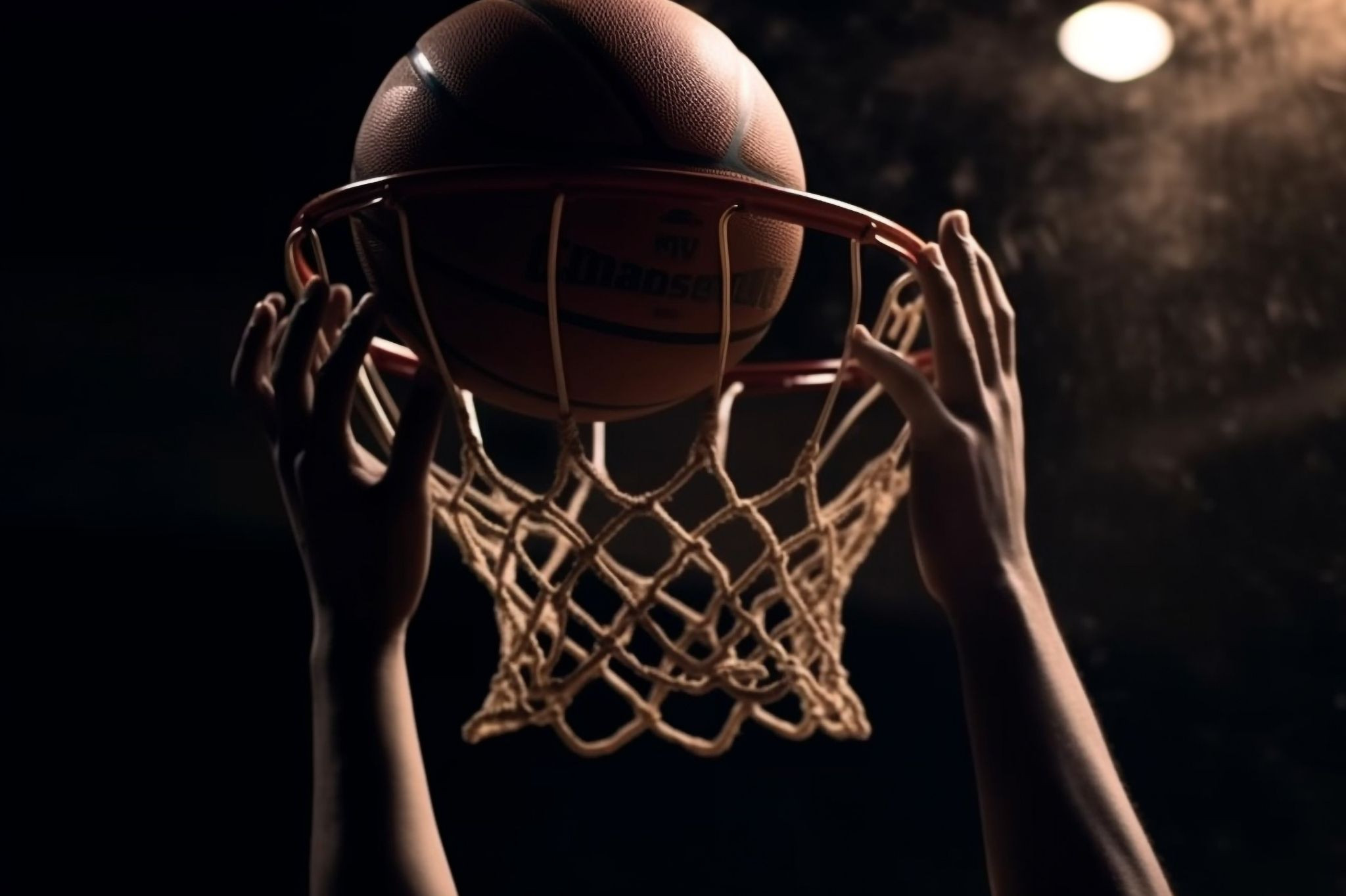 Basketball wird in den Korb geworfen, Nahaufnahme eines Basketballs am Ring