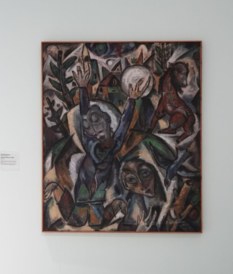 Expressionistisches Kunstwerk im Nobilis-Web, modernes Gemälde an Wand Expressionistisches Gemälde an einer weißen Wand, vermutlich im Nobilis-Web Kontext