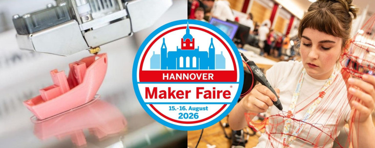 Maker Faire Hannover 2026 – Logo und Veranstaltungstermin 15.-16. August Logo der Maker Faire Hannover 2026 mit Datum 15.-16. August, im Hintergrund Technik und Teilnehmer