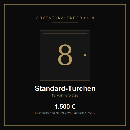 Adventskalender 2026 Standard-Türchen Nummer 8 mit Preis und Frühbucherinformation