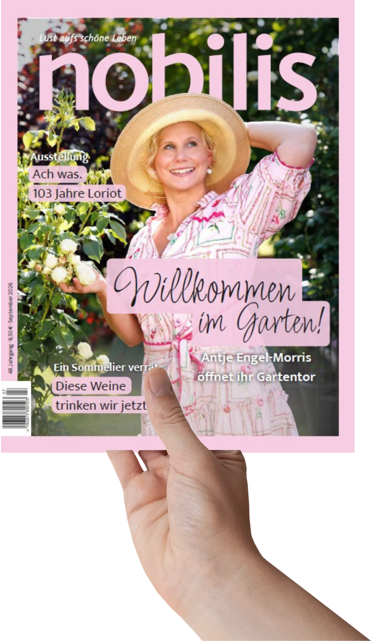 Titelseite der Zeitschrift Nobilis 06/2026 mit Antje Engel-Morris im Garten, in einer Hand gehalten