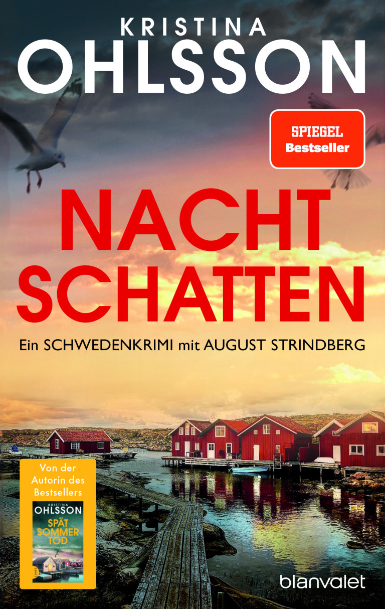 Buchtipp 2: Nachtschatten von Kristina Ohlsson Buchcover Nachtschatten von Kristina Ohlsson, Schwedenkrimi mit August Strindberg, rotes Haus am Wasser, Spiegel Bestseller