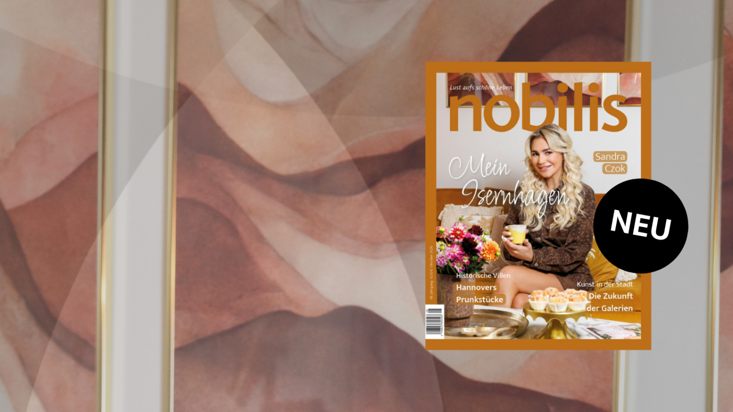 Aufmacher der nobilis Ausgabe 06 mit Cover, Frau mit Kaffee und Blumen, Thema Mein Isernhagen, historische Villen und Hannovers Prunkstücke