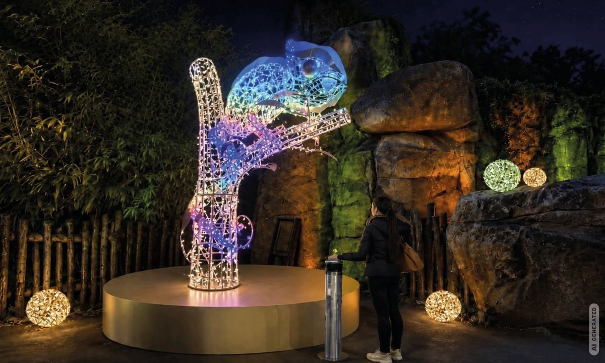 Interaktive Zoolights mit Farbwechsel auf Knopfdruck im Erlebnis-Zoo Hannover, beleuchtete Chamäleon-Installation bei Nacht