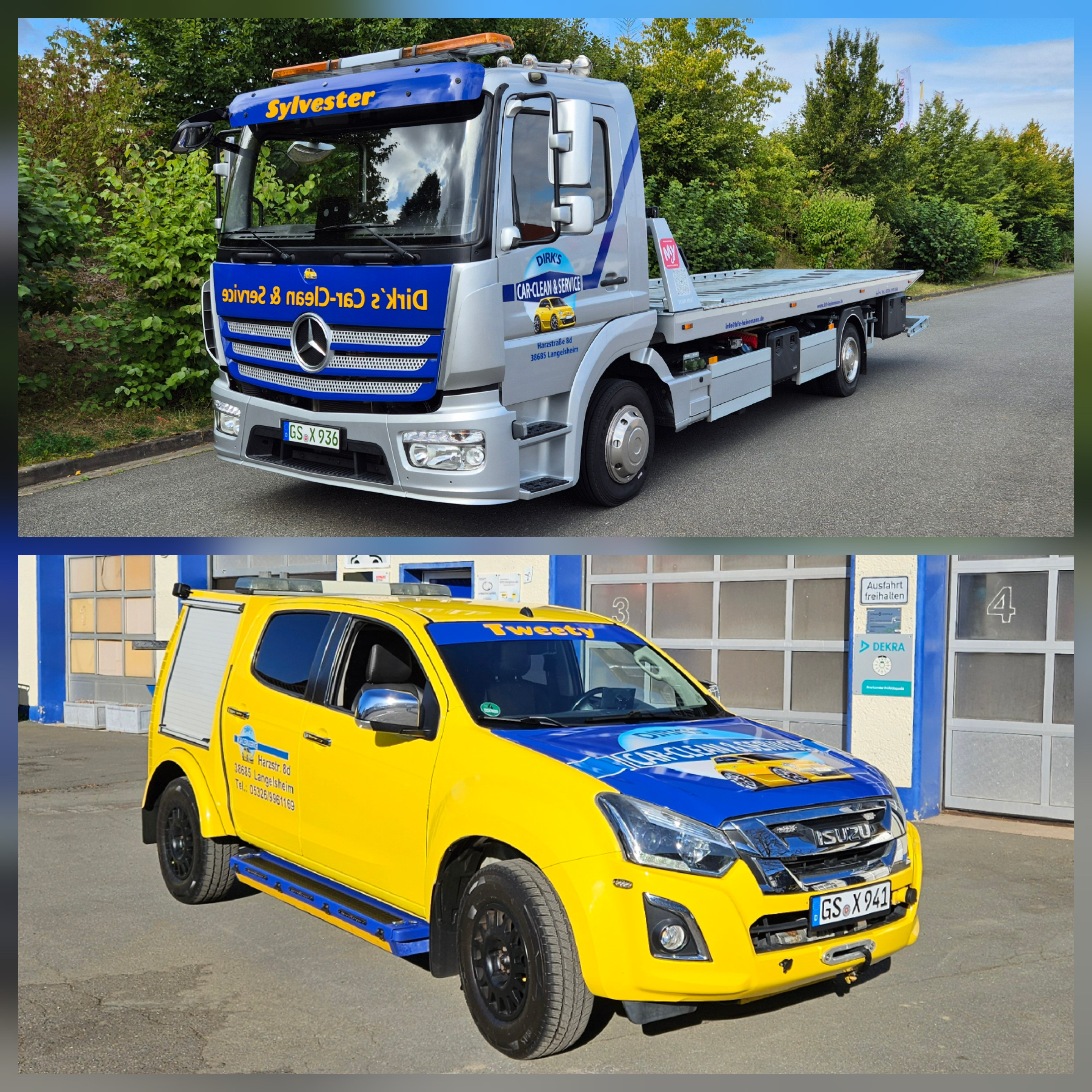 Zwei Abschleppwagen von Dirk's Car-Clean & Service in Goslar, Mercedes-Benz und Isuzu, vor Werkstatt und auf Straße