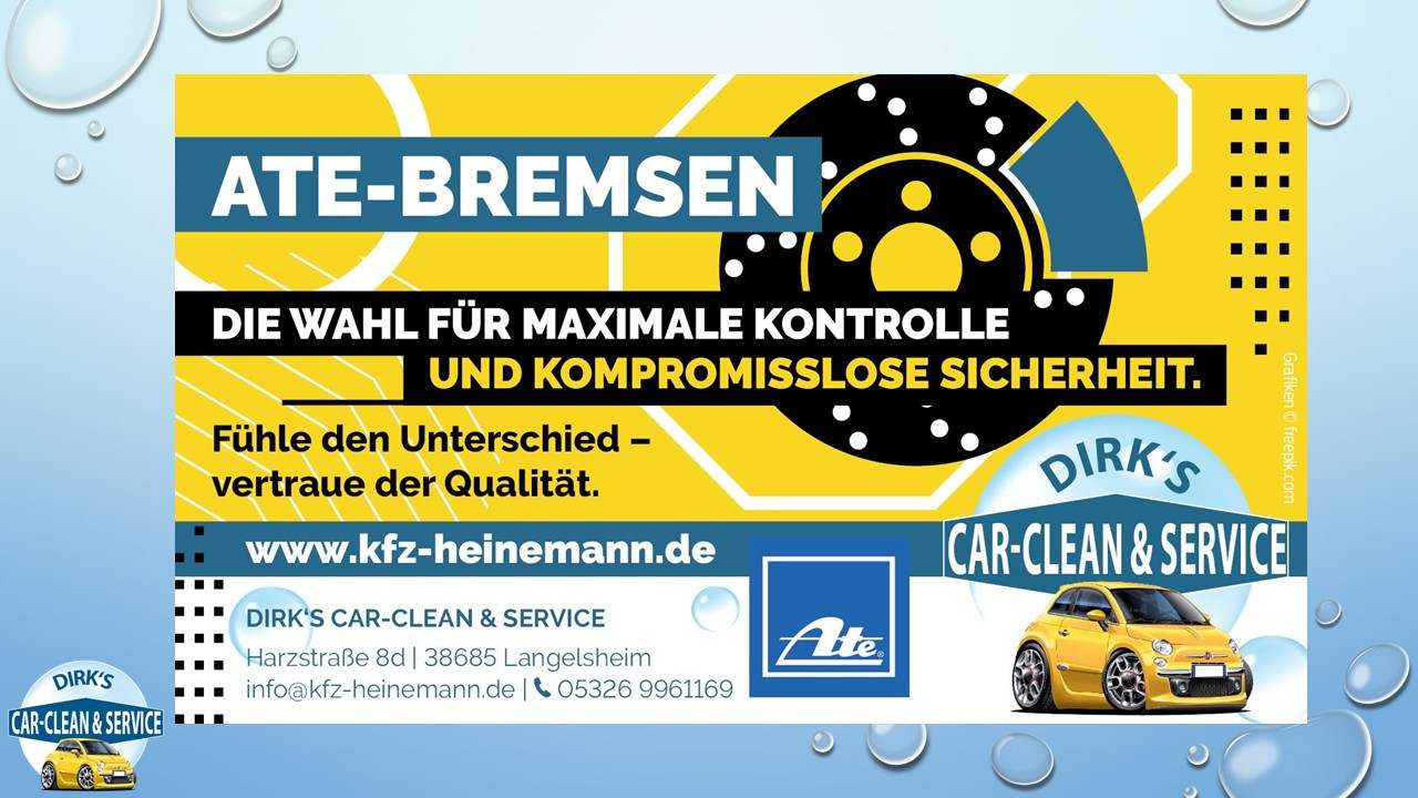 Werbebanner für ATE-Bremse mit Slogan zur maximalen Kontrolle und kompromisslosen Sicherheit, inklusive Logo und Kontaktinformationen von KFZ Heinemann