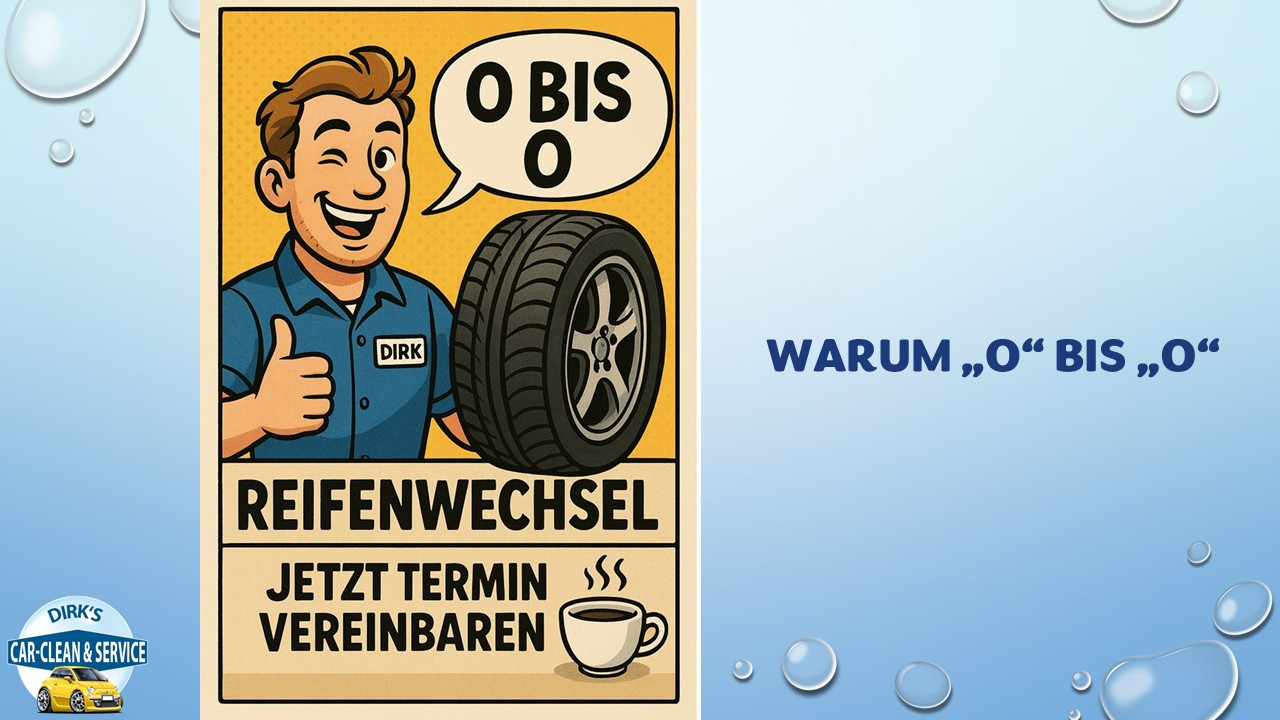 O bis O Reifenwechsel Erinnerung mit Mechaniker, Reifen und Terminvereinbarung