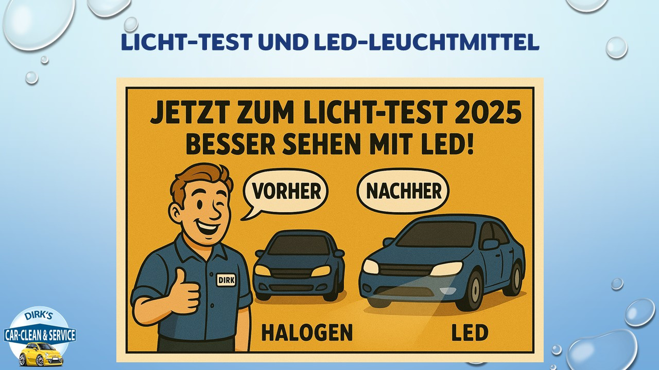 Licht-Test 2025 – Vergleich Halogen vs. LED Leuchtmittel für bessere Sicht am Auto Grafik zum Licht-Test 2025: Vergleich von Halogen- und LED-Leuchtmitteln am Auto, mit dem Slogan 'Besser sehen mit LED'.