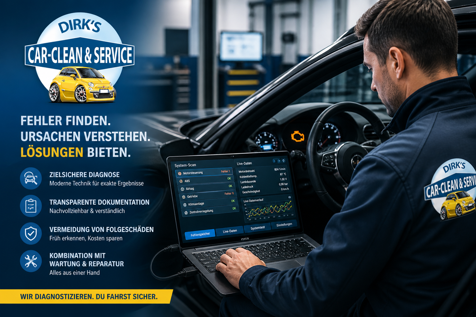 Fahrzeugdiagnose in einer Werkstatt: Mechaniker führt mit Laptop eine Systemanalyse am Auto durch