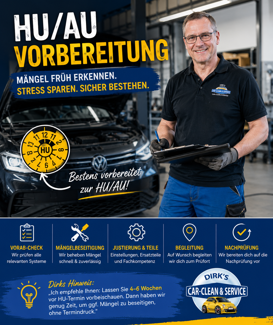 Mechaniker bereitet Auto zur HU und AU vor in Werkstatt, mit Checkliste und VW-Fahrzeug im Hintergrund