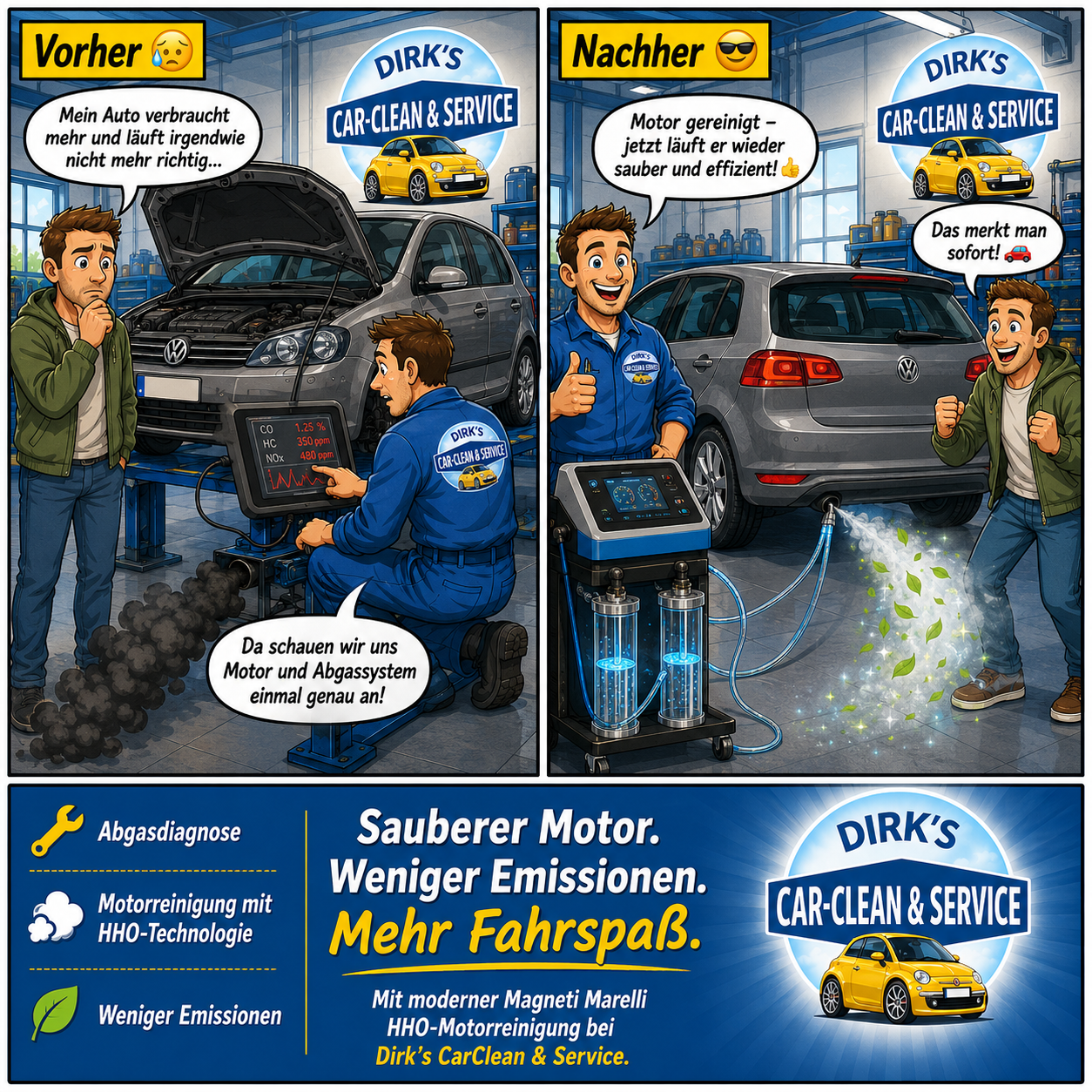 Vorher-Nachher-Story zur Motorreinigung mit HHO-Technologie bei Dirk's Car-Clean & Service, weniger Emissionen und mehr Fahrspaß