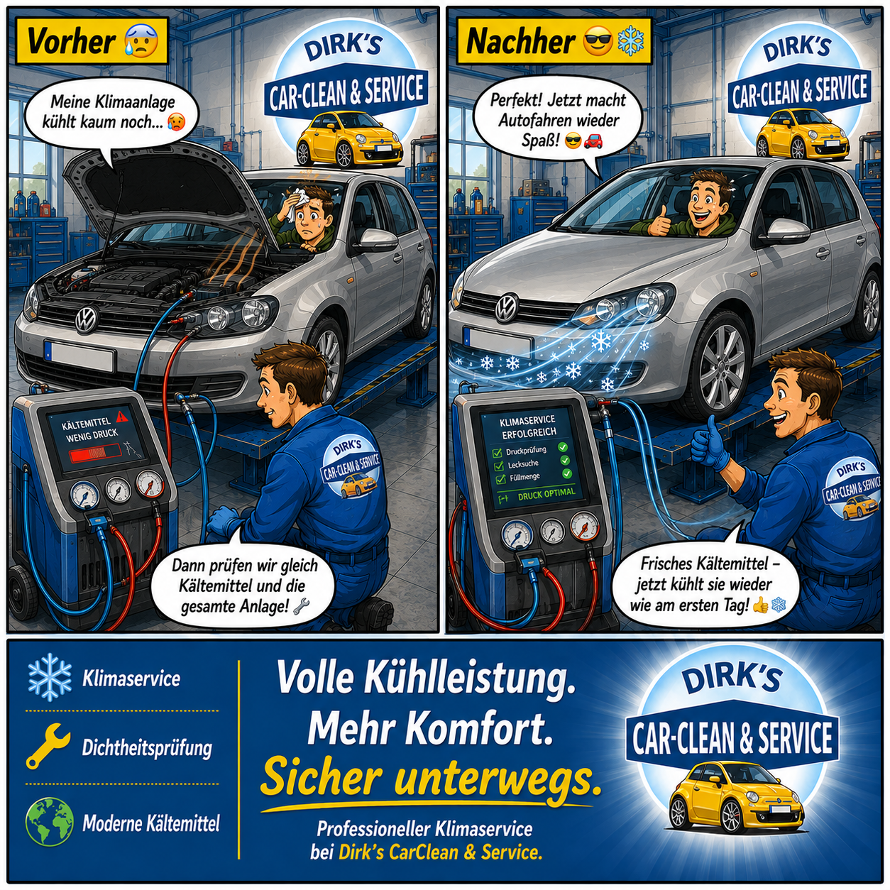 Vorher-Nachher-Vergleich einer Klimaanlagen-Kontrolle und Wartung bei Dirk's Car-Clean & Service mit einem VW Golf in der Werkstatt.