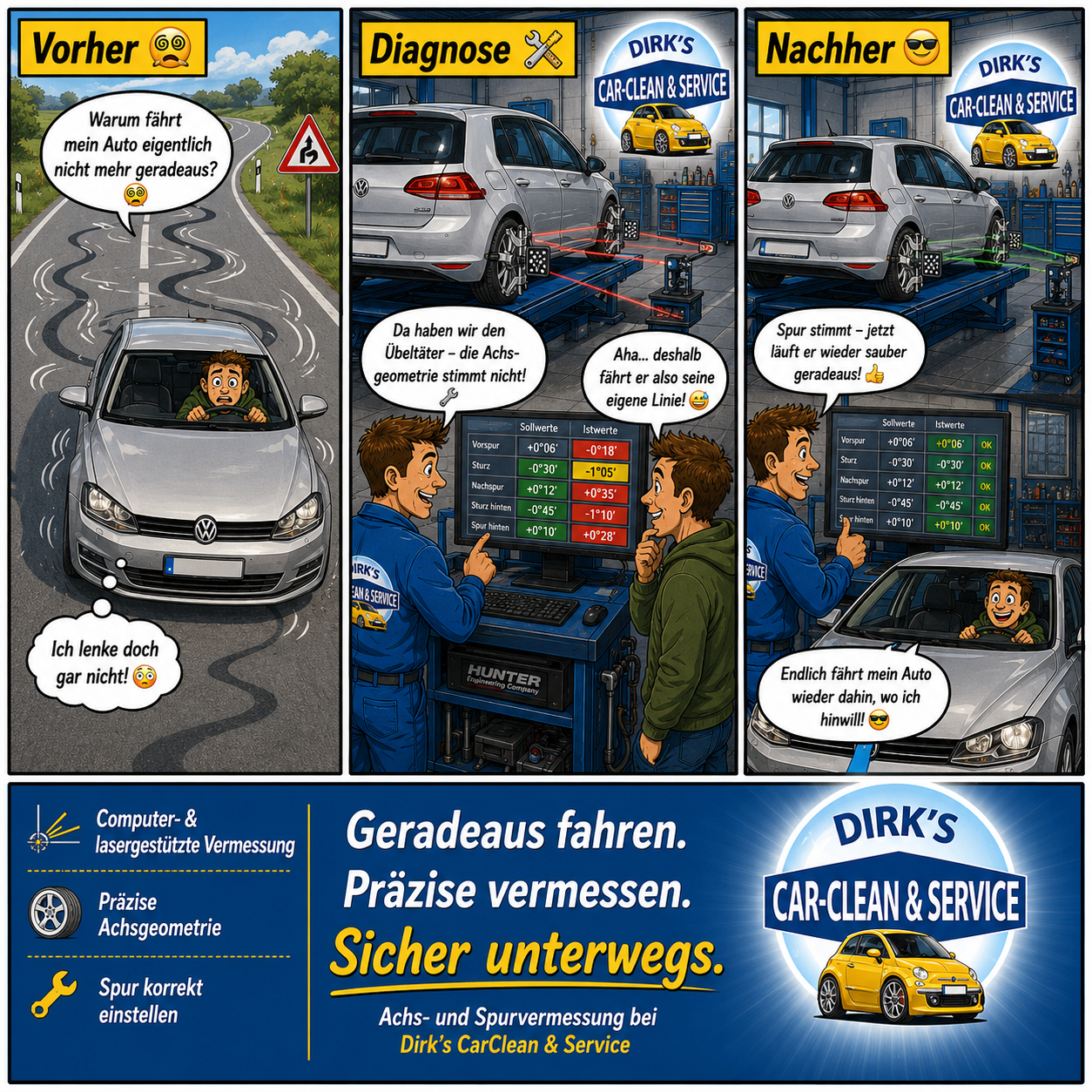 Illustration zur Achs- und Spurvermessung bei Dirk's Car-Clean & Service mit Vorher-Nachher-Vergleich