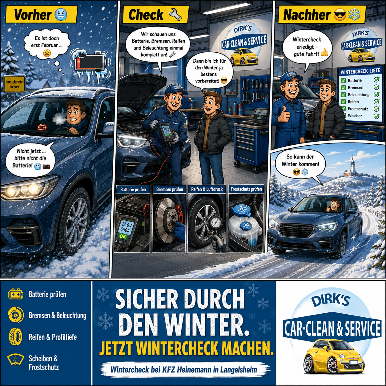 Wintercheck bei KFZ Heinemann in Langelsheim – Batterie, Bremsen, Reifen und Frostschutz pren fr sichere Fahrt im Winter