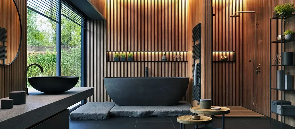 Moderne Badezimmer-Atmosphäre mit freistehender Badewanne, Holzverkleidung und stilvoller Beleuchtung