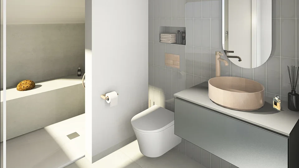 Modernes Bad mit Kupferbecken aus Expertenhand in perspektivischer Ansicht