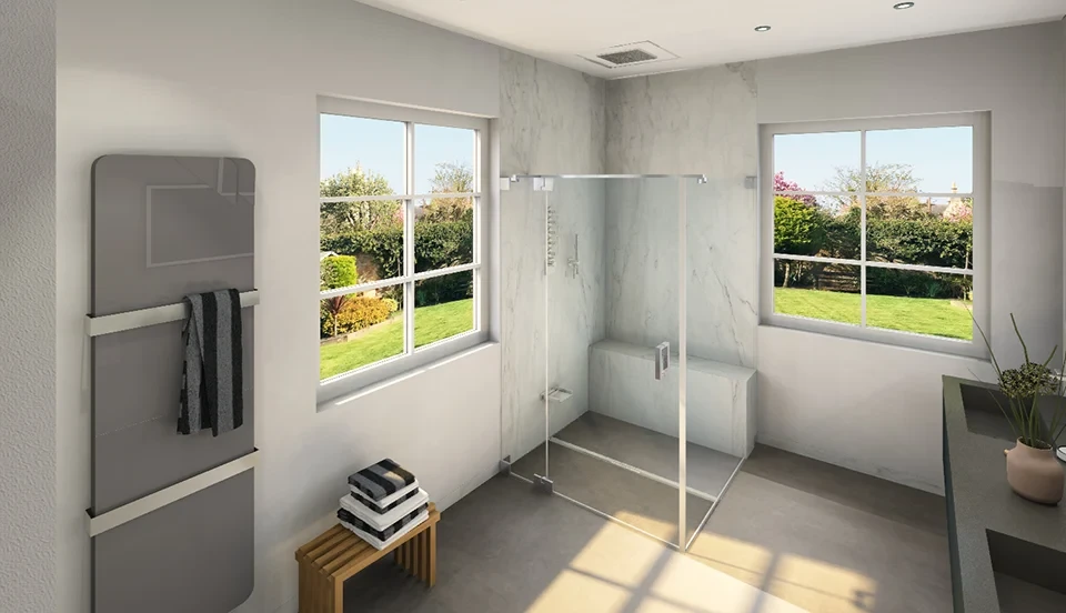 Modernes Bad mit zwei Fenstern und Glasdusche aus Expertenperspektive