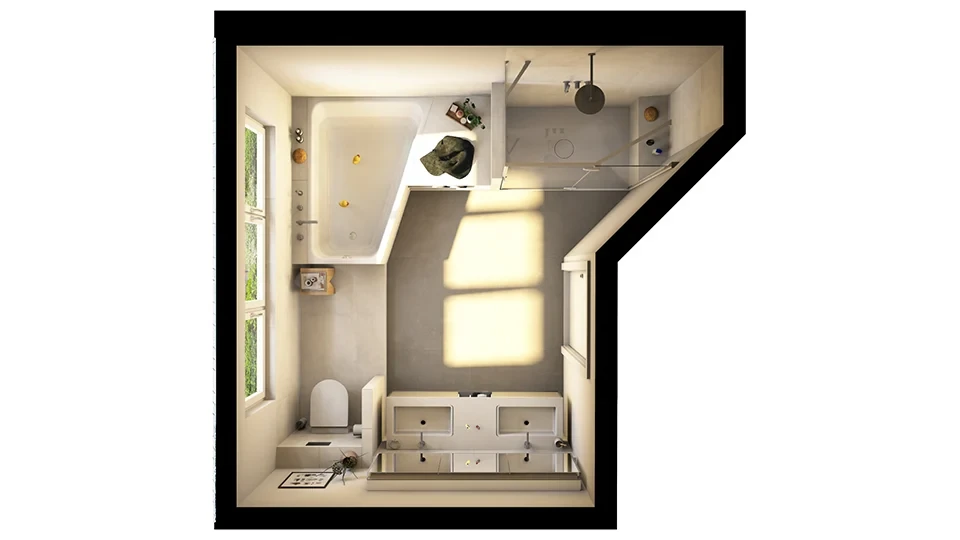 Experten beauftragen für Winkelbad – Perspektive von oben auf modernes Badezimmer mit Eckbadewanne und Dusche