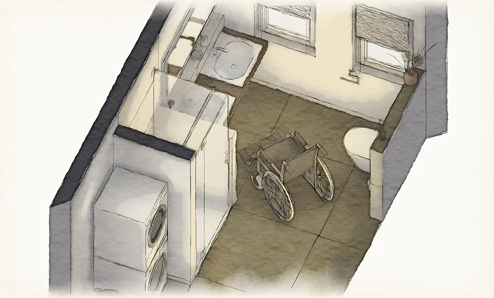 Axonometrische Darstellung eines barrierefreien Rollstuhlbads – Experten für den Umbau beauftragen