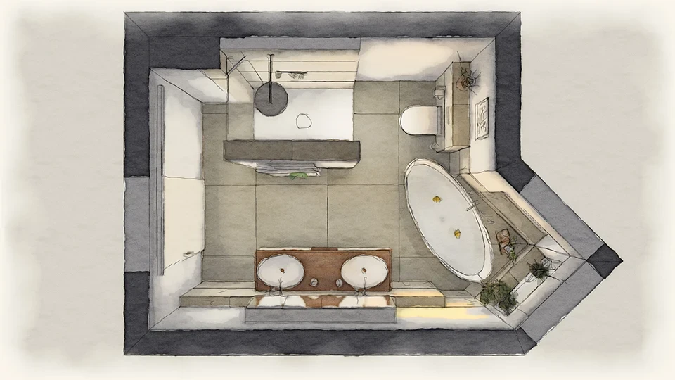 Grundriss eines modernen Erkerbads aus der Großperspektive – Experten beauftragen für Badplanung