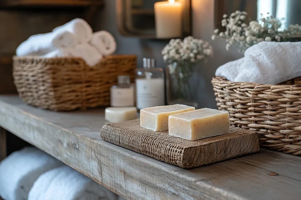 Badeinrichtung Contentbild mit Naturseife, Handtüchern und Kerze auf rustikalem Holztisch