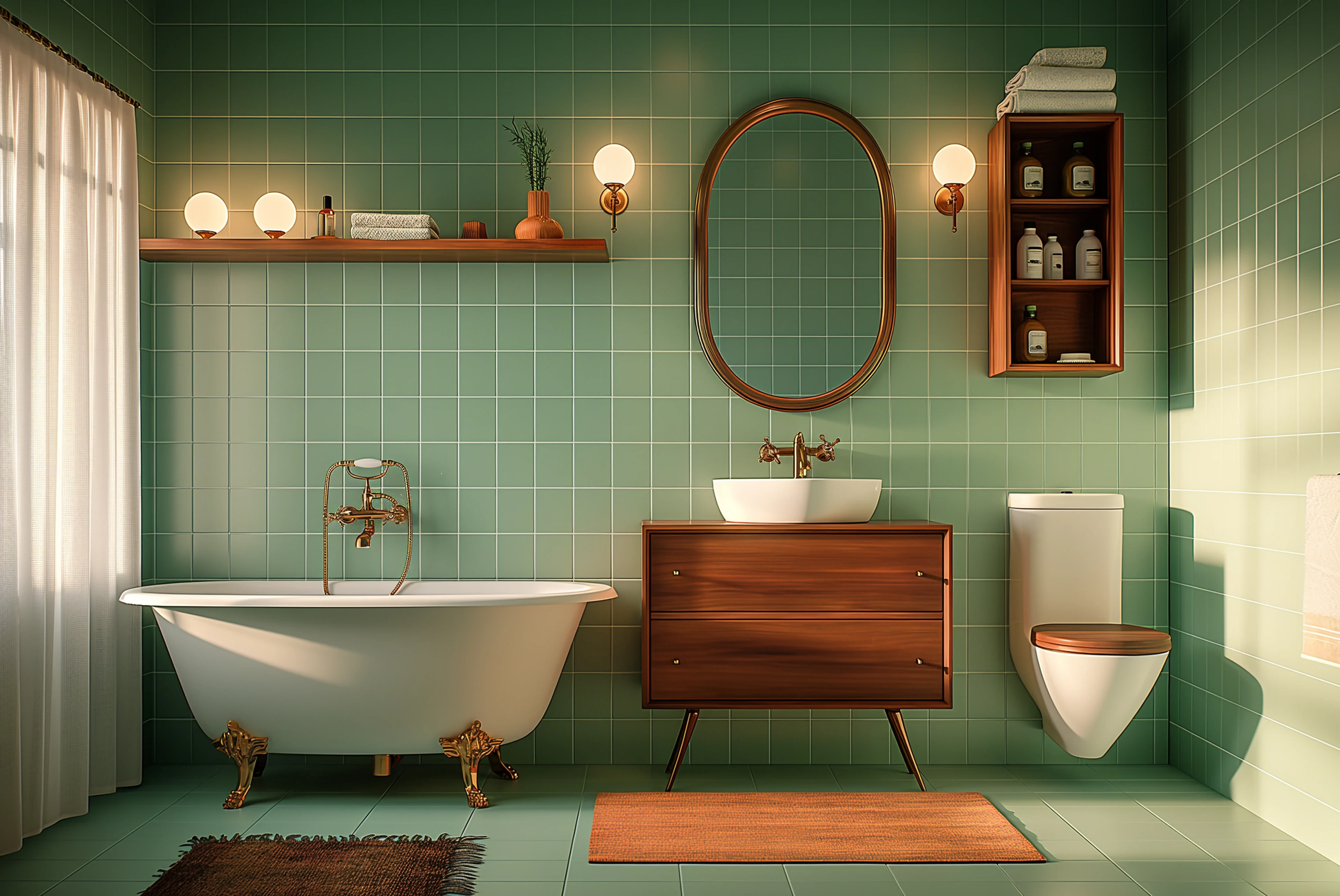 Baddesign Contentbild mit moderner Einrichtung, freistehender Badewanne und Holz-Elementen