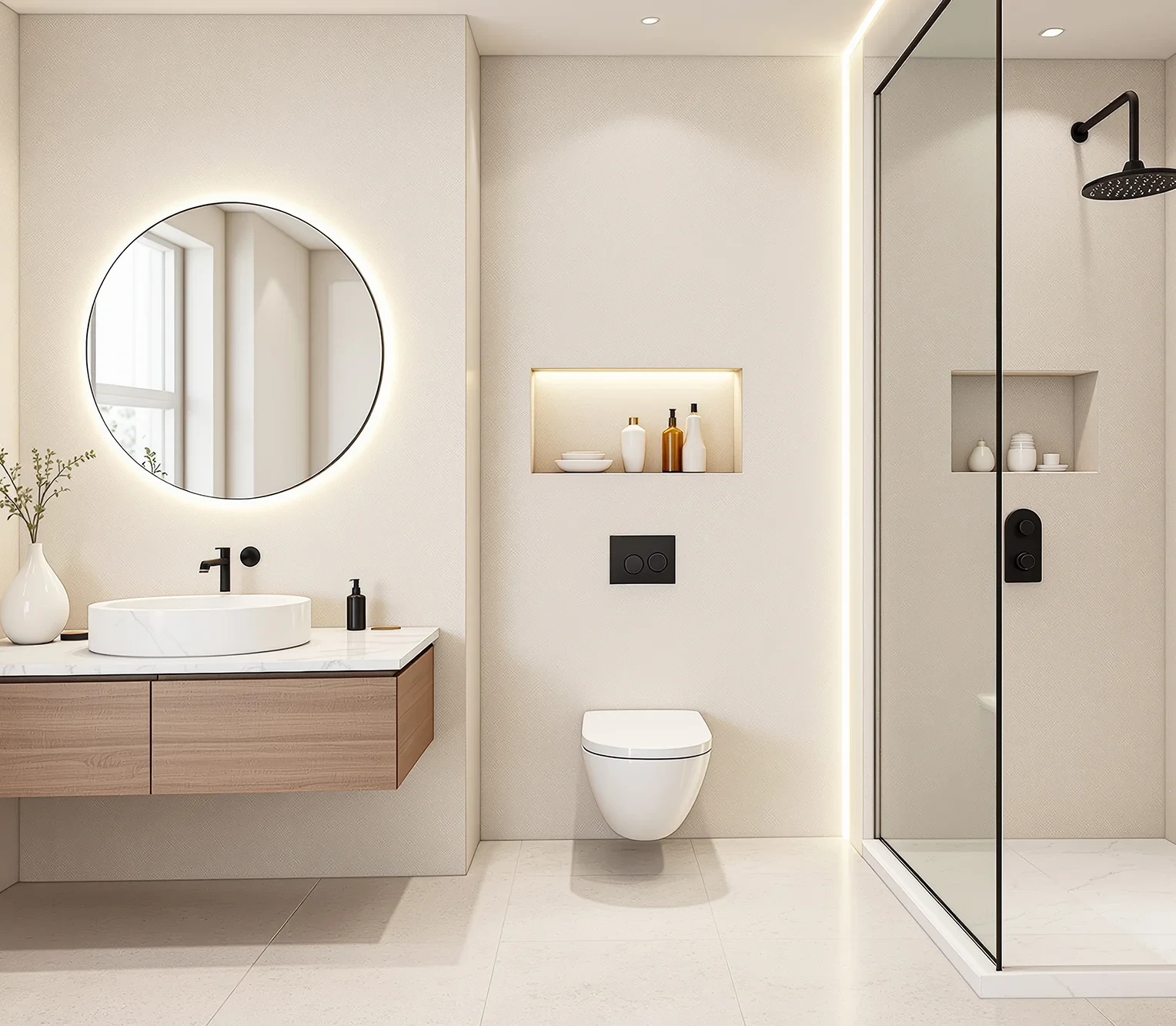 Minimalistisches Baddesign mit modernen Elementen, runder Spiegel, Holz-Waschtisch und bodengleicher Dusche