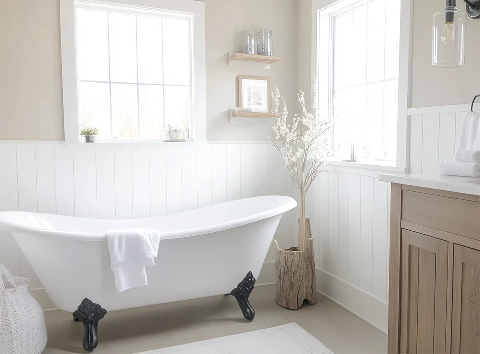 Helles Landhaus Bad mit freistehender Badewanne und dekorativen Elementen