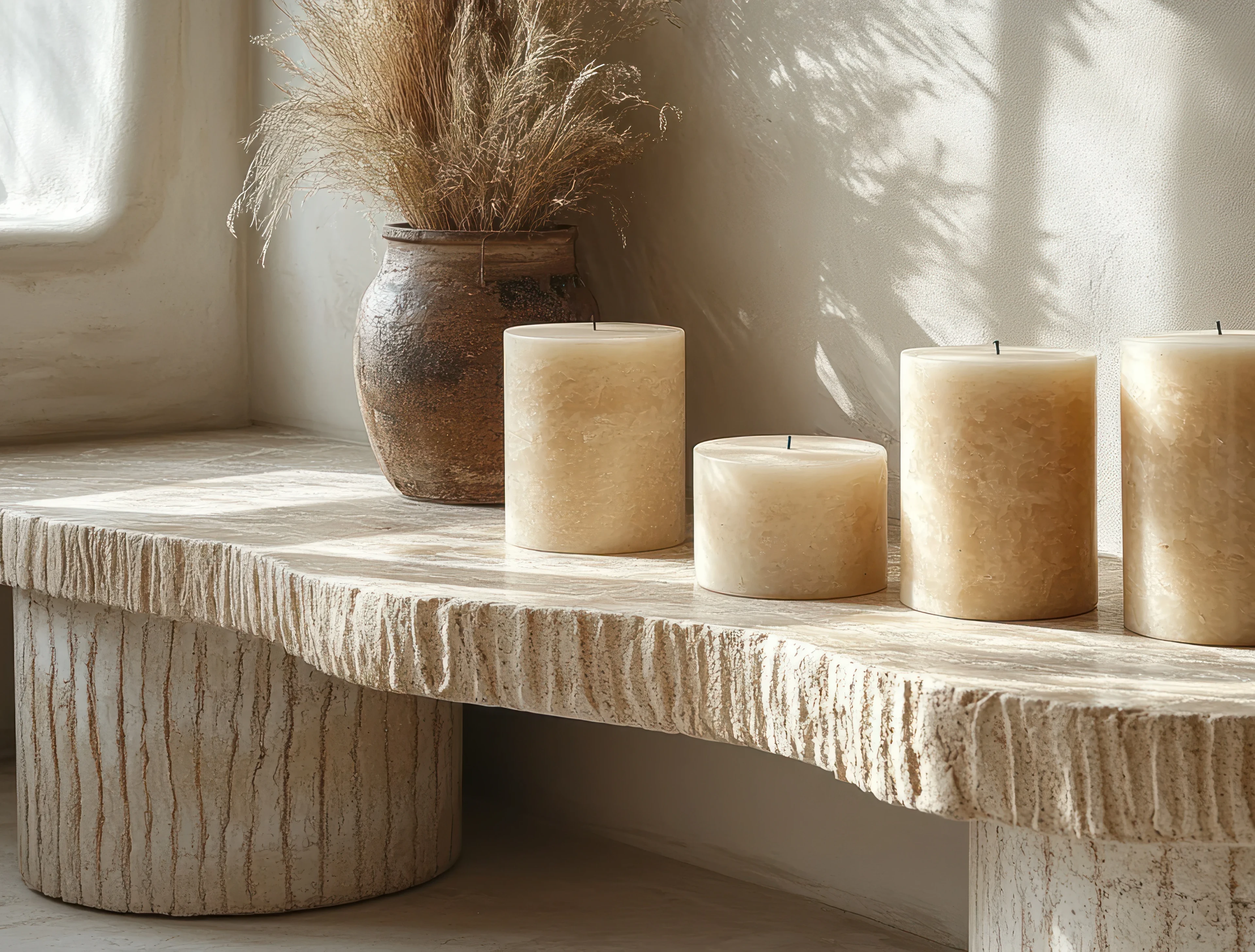 Natürliches Landhaus Bad mit rustikalem Steintisch, Kerzen und Trockenblumen als Dekoration