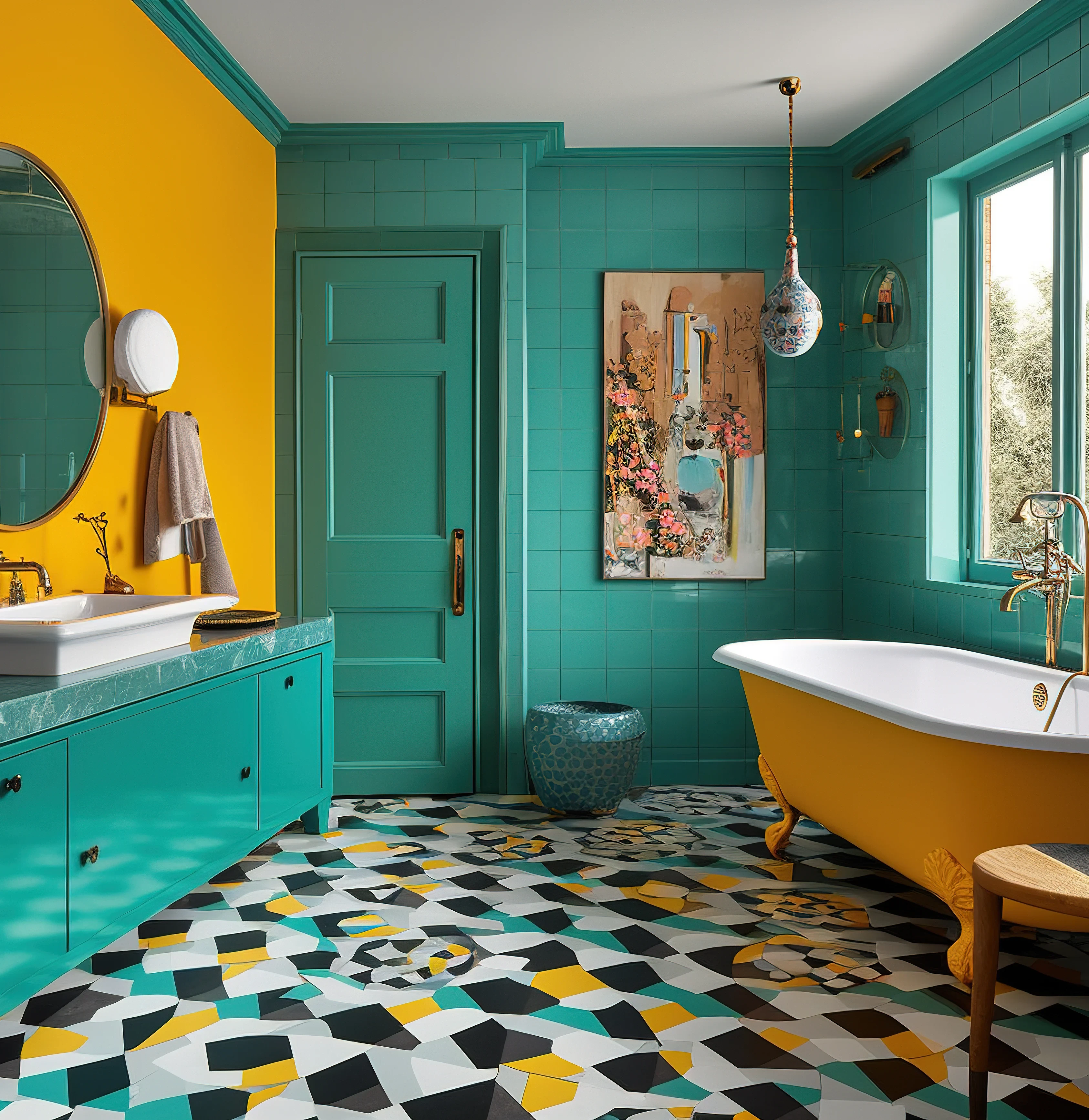 Vintage Bad mit bunten Fliesen, gelber Wand und freistehender Badewanne im Retro-Stil