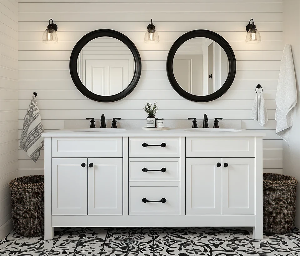 Vintage Badezimmer mit Doppelwaschtisch, runden Spiegeln und schwarz-weißer Einrichtung