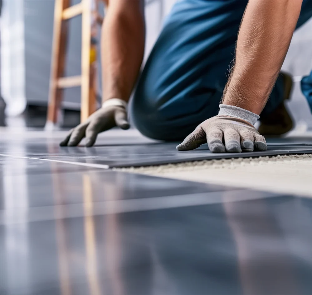 Badsanierung Contentbild: Handwerker verlegt neue Fliesen im Badezimmer
