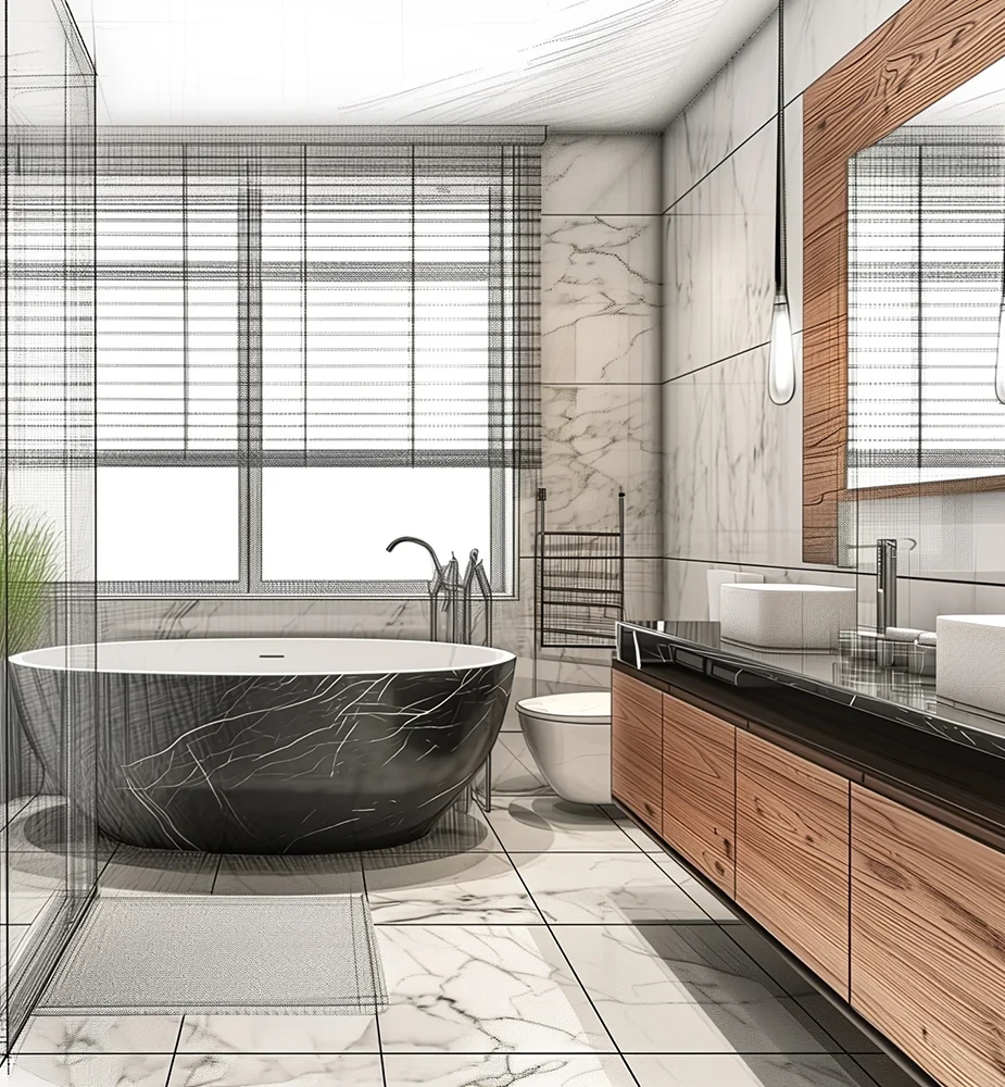 Modernes Badezimmer mit freistehender Badewanne und Holz-Elementen als Beispiel fcr Badrenovierung