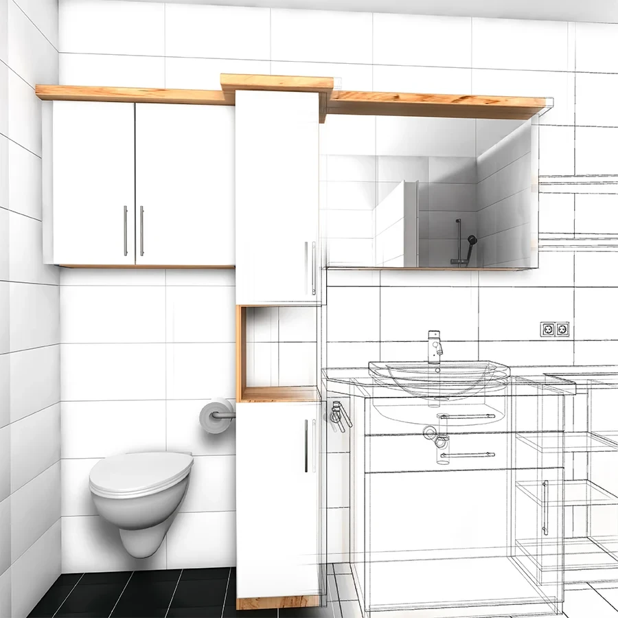 Visualisierung einer Renovierung im kleinen Bad mit modernen Badmöbeln und Skizzenzeichnung
