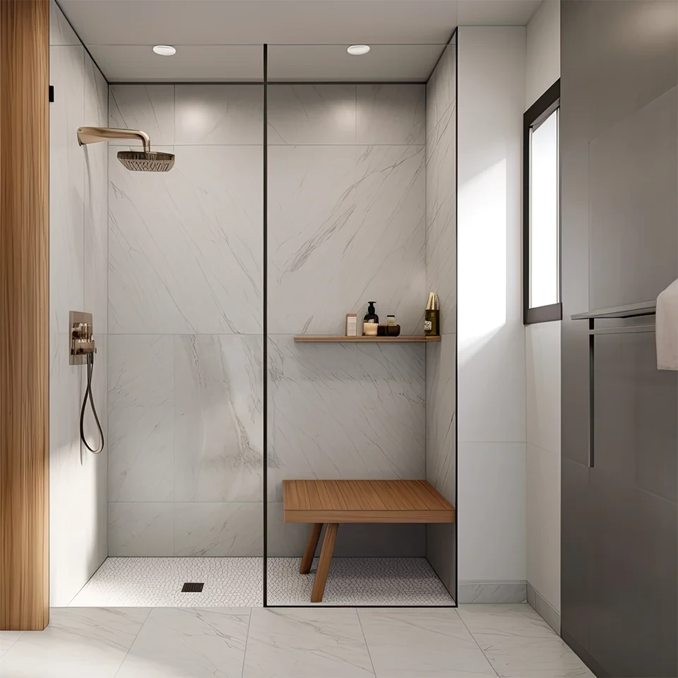 Modernes, ebenerdiges Bad mit begehbarer Dusche und Holzsitzbank