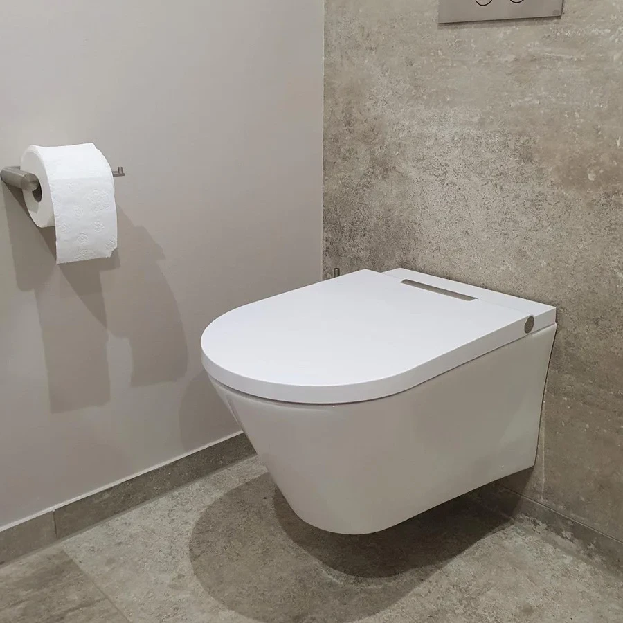 Modernes Dusch-WC an einer Badezimmerwand mit Toilettenpapierhalter