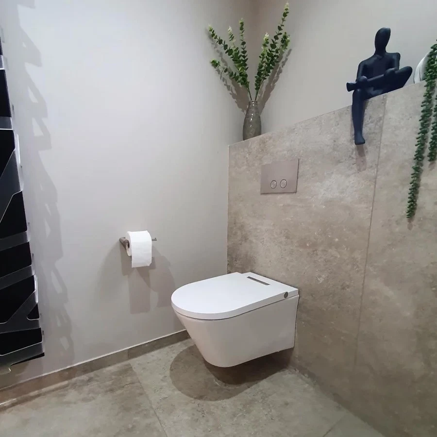 Modernes Dusch-WC in einem stilvollen Badezimmer mit Wandmontage und Dekoration